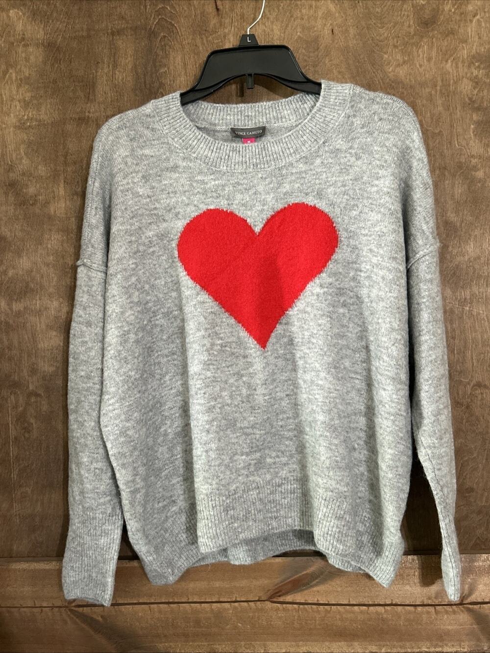 Vince Camuto Women's M Knit Graphic Heart Crew Neck Pullover Sweater Gray/Red